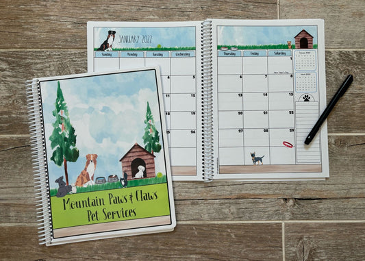 2025-2026 Pet Sitter Planner & Organizer with Pet and Owner Info Pages.  Large or Medium.  WATERCOLOR PETS DESIGN