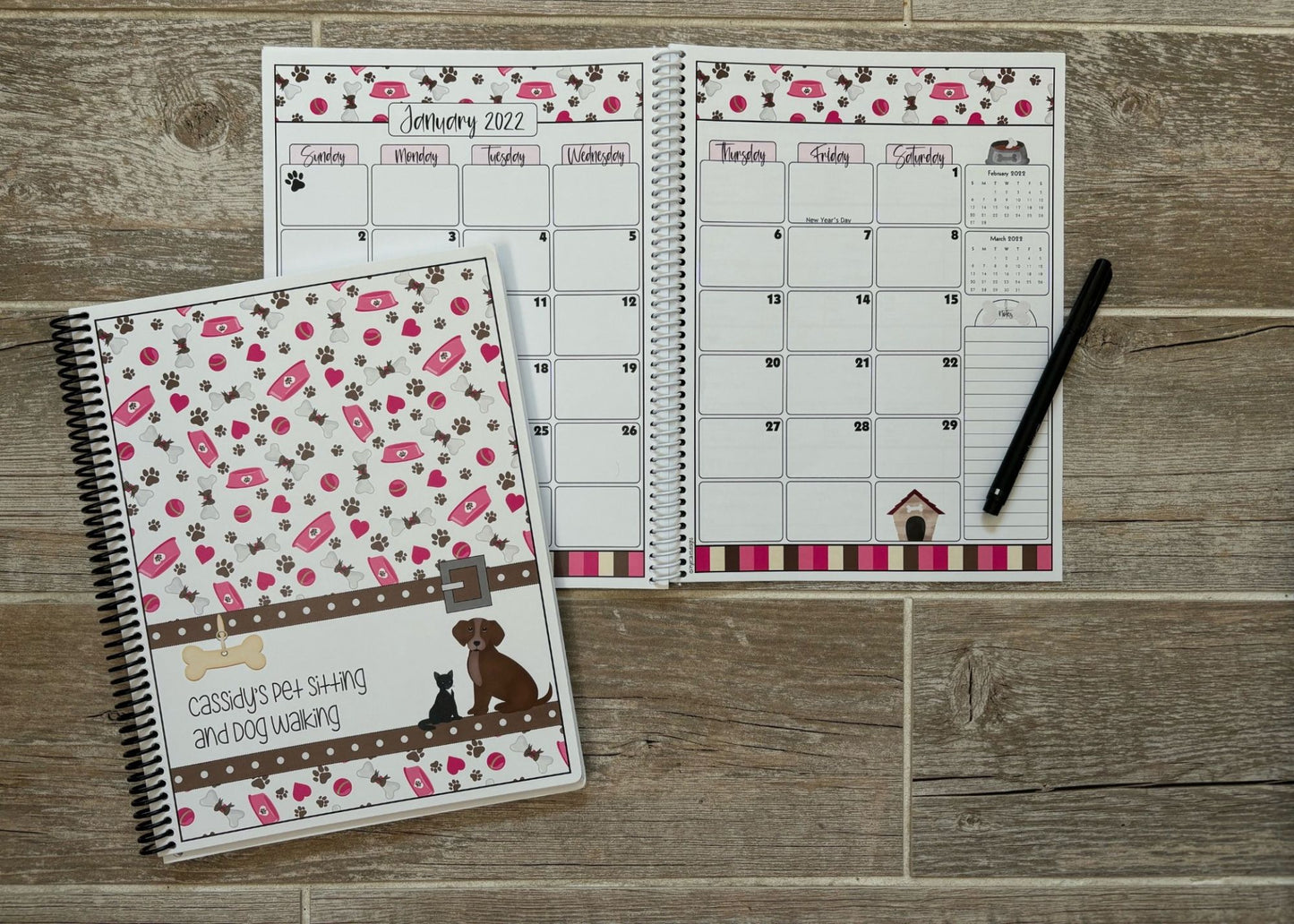 2025-2026 Pet Sitter Planner & Organizer with Pet and Owner Info Pages.  Large or Medium.  PINK BOWLS & BOWS DESIGN