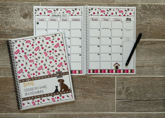 2025-2026 Pet Sitter Planner & Organizer with Pet and Owner Info Pages.  Large or Medium.  PINK BOWLS & BOWS DESIGN