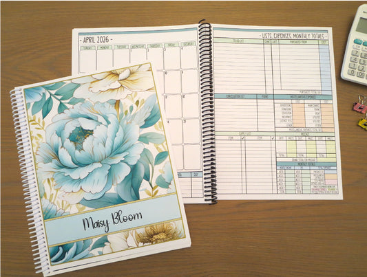AQUA FLOWERS DESIGN - 12 Month Dated Appointment Book With Business Organizer/Planner + UPGRADE OPTIONS