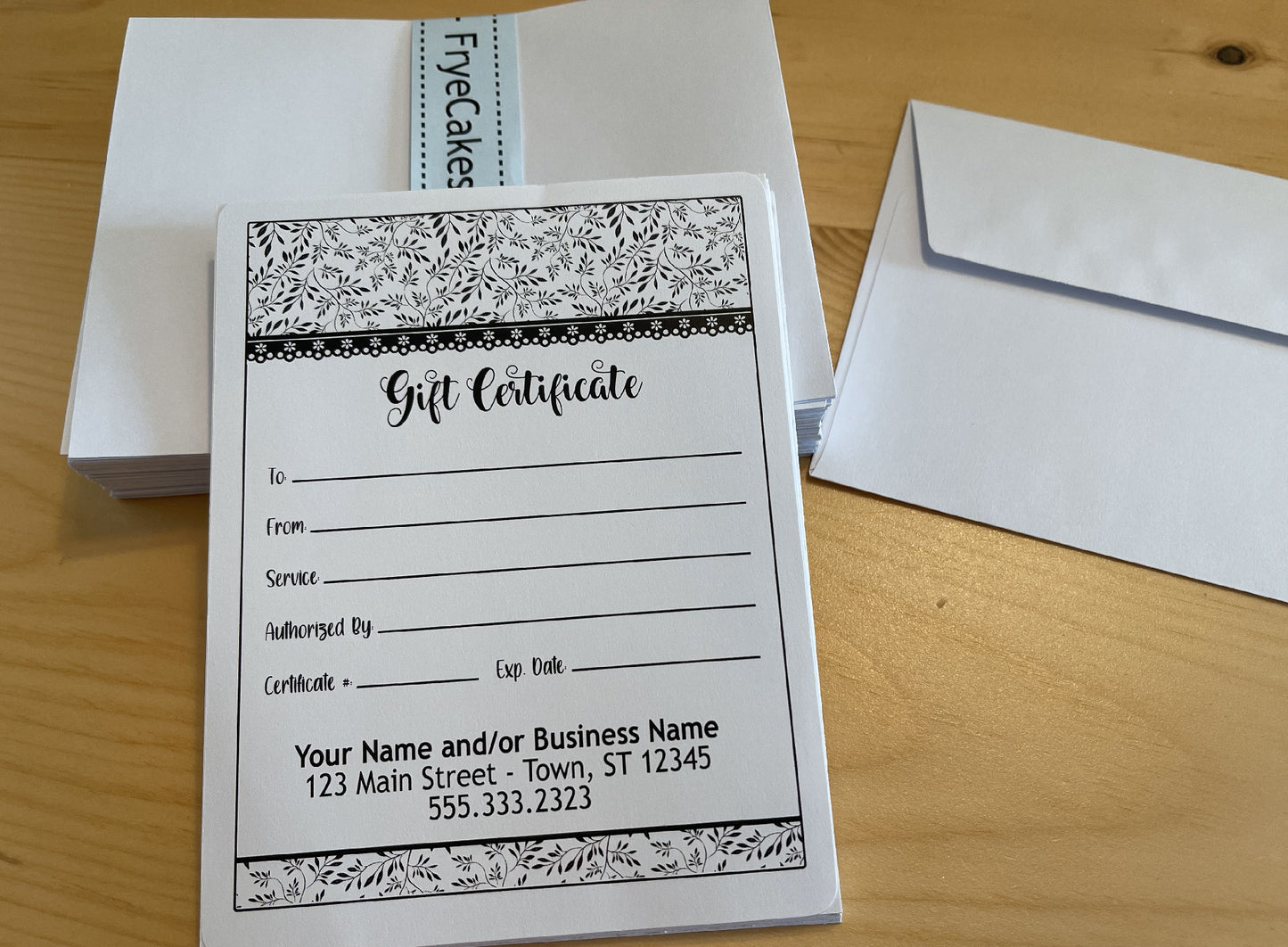 Personalized Gift Certificates - BLACK & WHITE FLORAL DESIGN - with Envelopes and Optional Sales Tracker