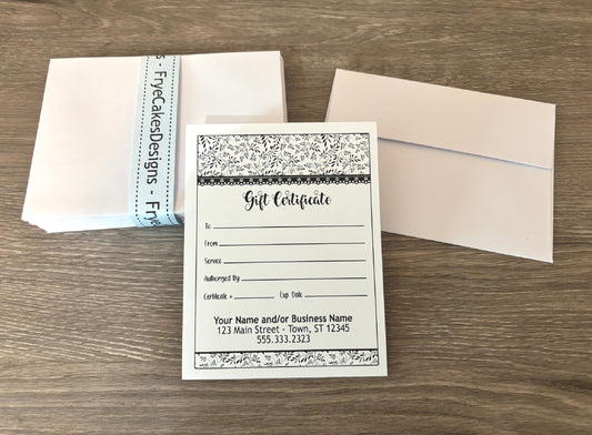 Personalized Gift Certificates - BLACK & WHITE FLORAL DESIGN - with Envelopes and Optional Sales Tracker