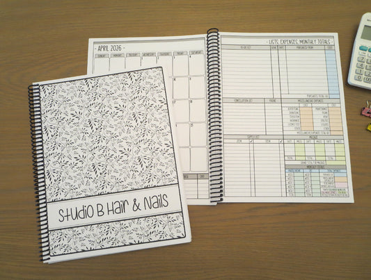 BLACK AND WHITE MINI FLORAL DESIGN - 12 Month Dated Appointment Book With Business Organizer/Planner + UPGRADE OPTIONS