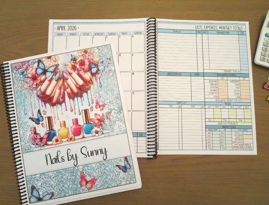 NAIL GLITTER & BUTTERFLIES DESIGN - 12 Month Dated Appointment Book With Business Organizer/Planner + UPGRADE OPTIONS