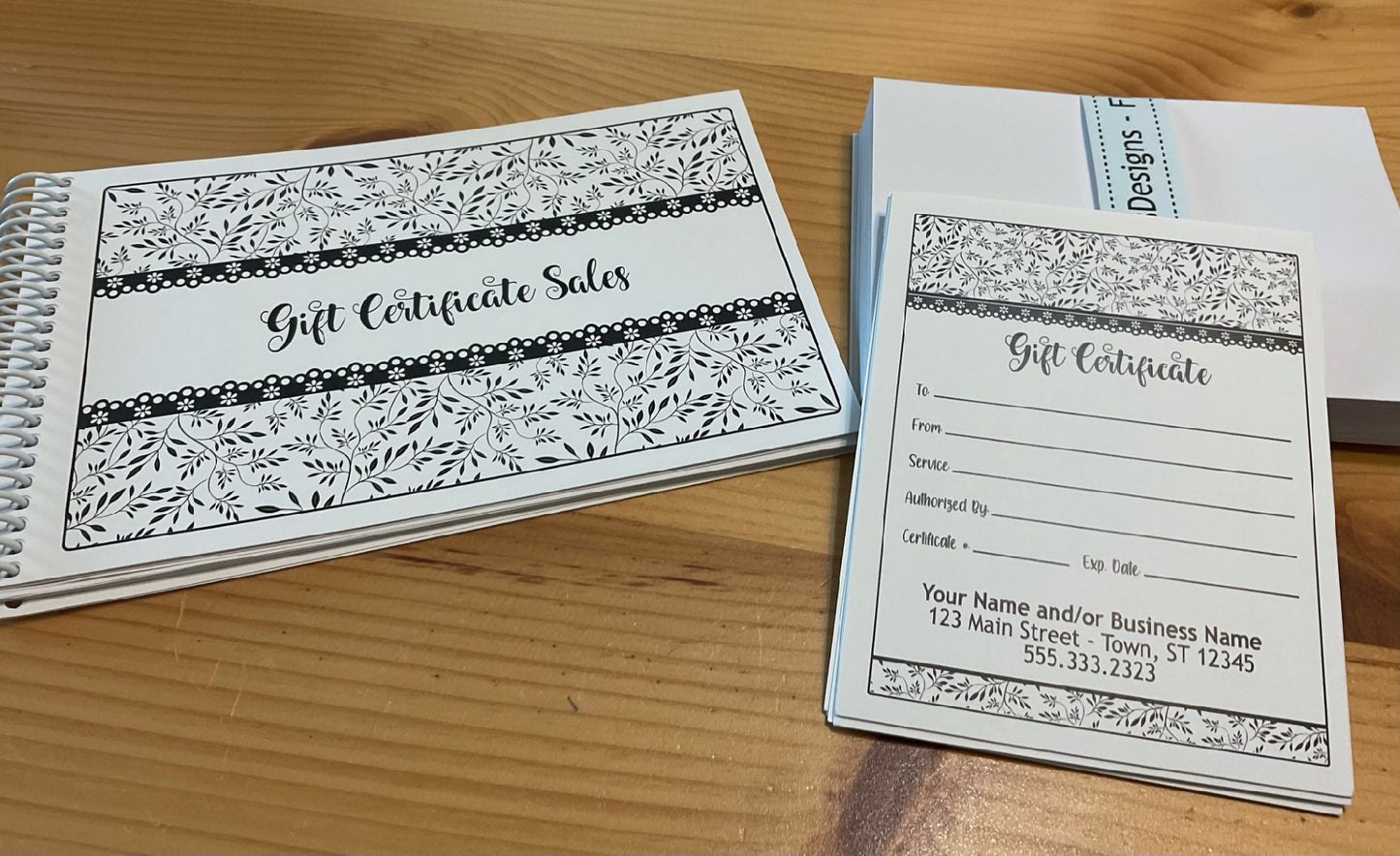 Personalized Gift Certificates - BLACK & WHITE FLORAL DESIGN - with Envelopes and Optional Sales Tracker