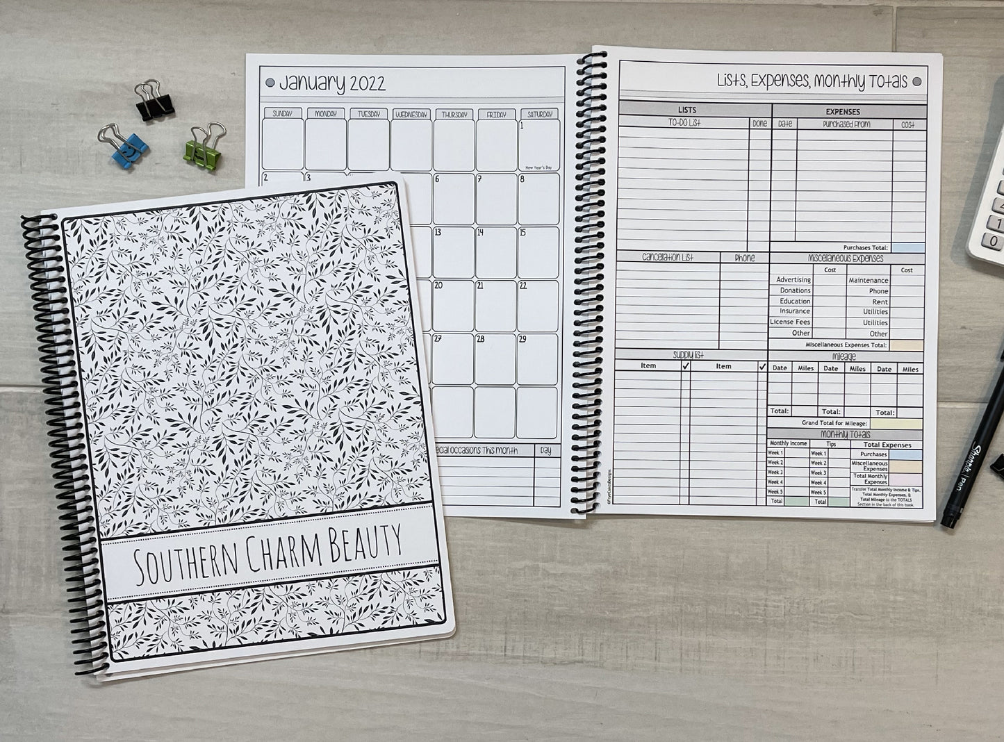 BLACK AND WHITE MINI FLORAL DESIGN - 12 Month Dated Appointment Book With Business Organizer/Planner + UPGRADE OPTIONS