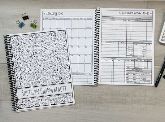 BLACK AND WHITE MINI FLORAL DESIGN - 12 Month Dated Appointment Book With Business Organizer/Planner + UPGRADE OPTIONS