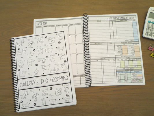 BLACK AND WHITE CARTOON PUPS - 12 Month Dated Appointment Book With Business Organizer/Planner + UPGRADE OPTIONS