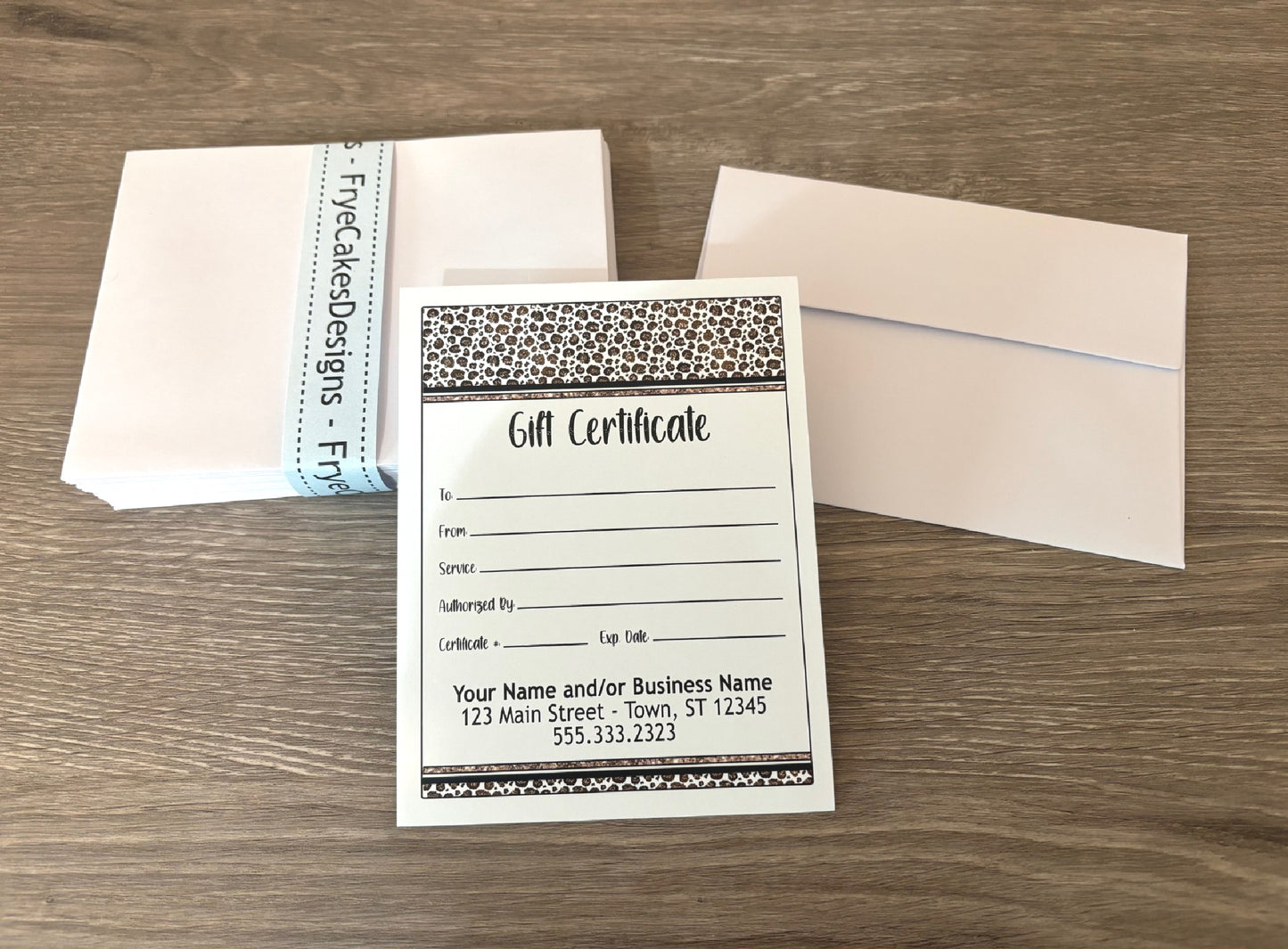 Personalized Gift Certificates - LEOPARD DESIGN - with Envelopes and Optional Sales Tracker