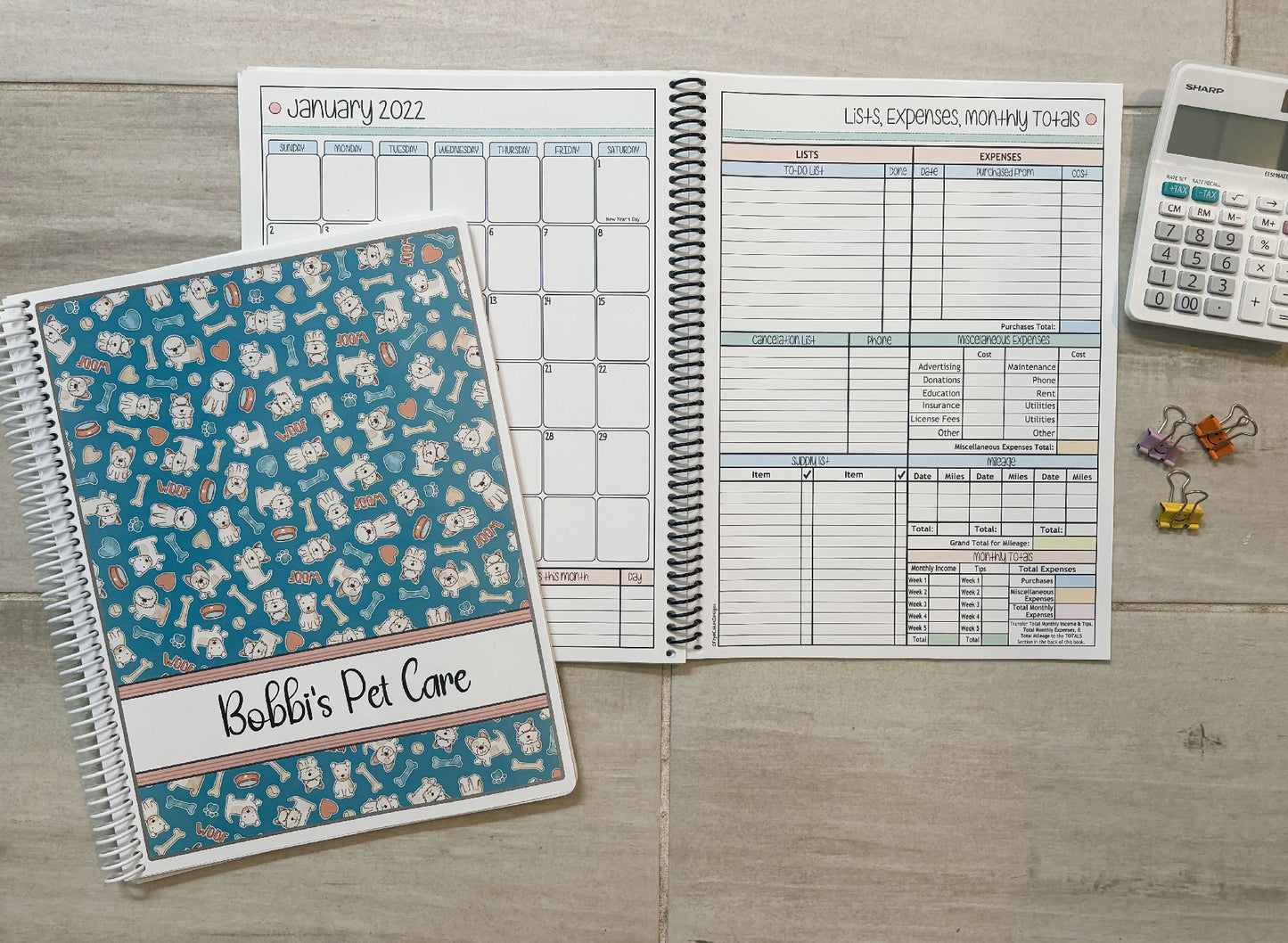 CUTE DOGS - TEAL DESIGN - 12 Month Dated Appointment Book With Business Organizer/Planner + UPGRADE OPTIONS