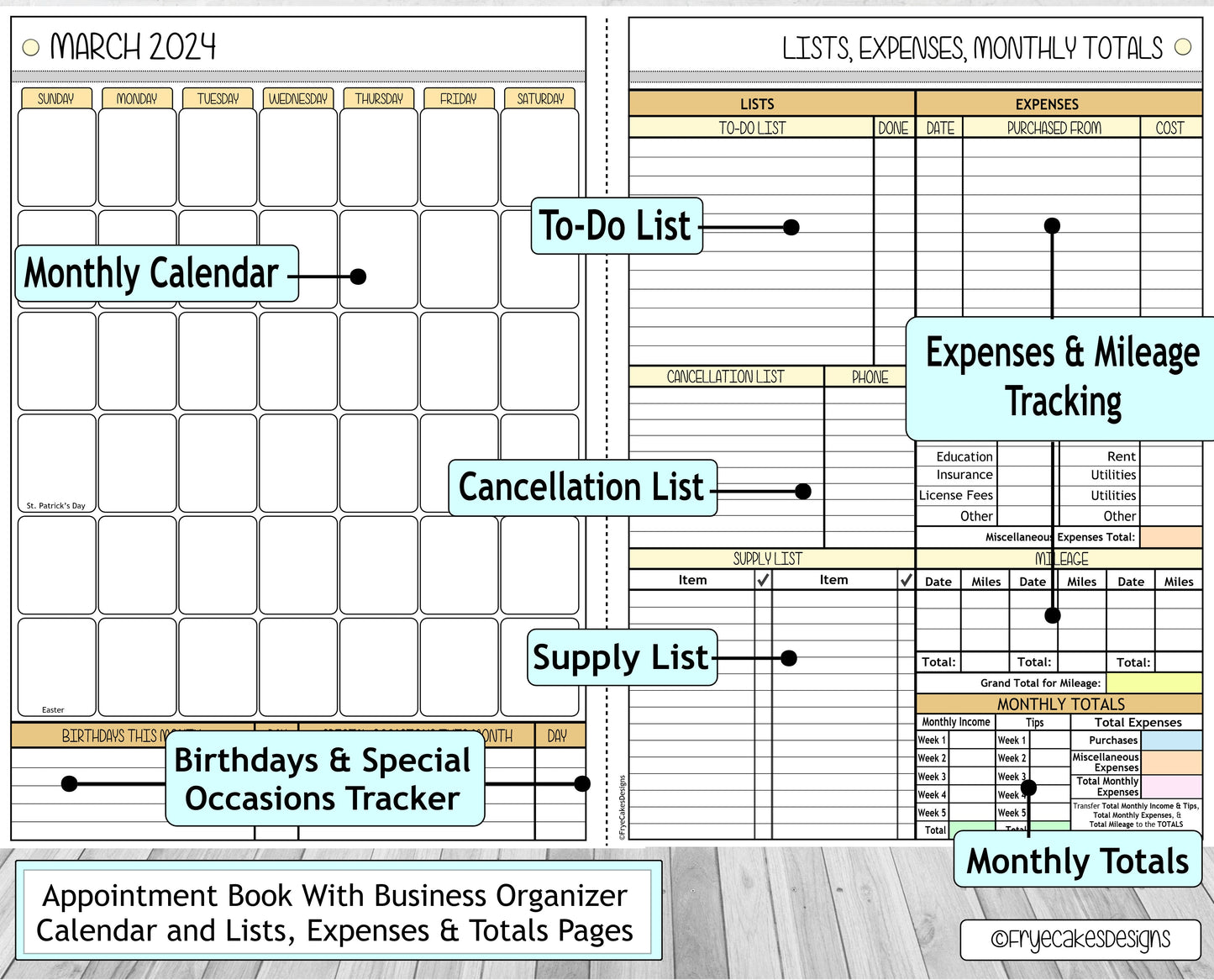 BOHO YELLOW DESIGN - 12 Month Dated Appointment Book With Business Organizer/Planner + UPGRADE OPTIONS