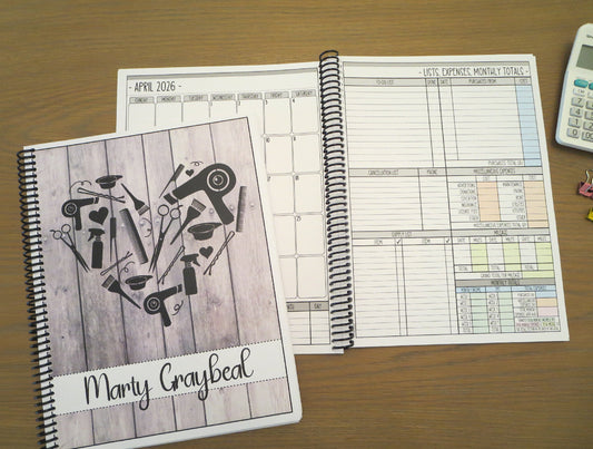 STYLIST HEART DARK WOOD DESIGN - 12 Month Dated Appointment Book With Business Organizer/Planner + UPGRADE OPTIONS