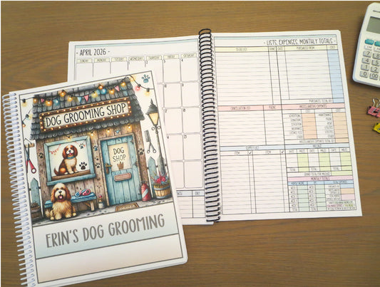 DOG GROOMING SALON DESIGN - 6 DESIGNS TO CHOOSE FROM - 12 Month Dated Appointment Book With Business Organizer/Planner + UPGRADE OPTIONS