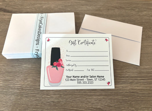 Personalized Gift Certificates FLORAL POLISH BOTTLE DESIGN - with Envelopes and Optional Sales Tracker