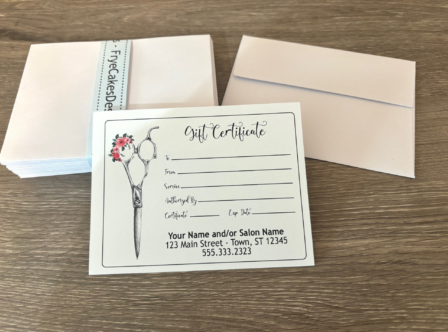 Personalized Gift Certificates FLORAL SCISSORS DESIGN - with envelopes and optional tracker