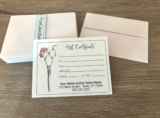 Personalized Gift Certificates FLORAL SCISSORS DESIGN - with envelopes and optional tracker