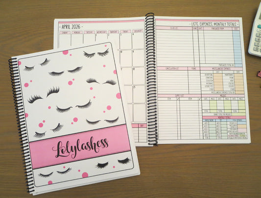 LOTS OF LASHES - PINK or PURPLE DESIGN - 12 Month Dated Appointment Book With Business Organizer/Planner + UPGRADE OPTIONS