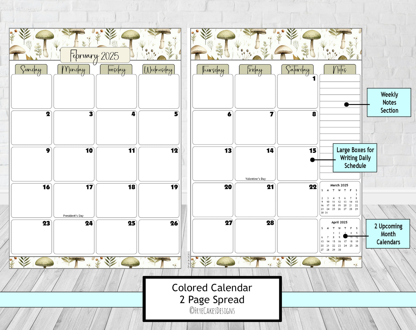 Large or Medium Size Yearly Planner - Green Mushrooms Design