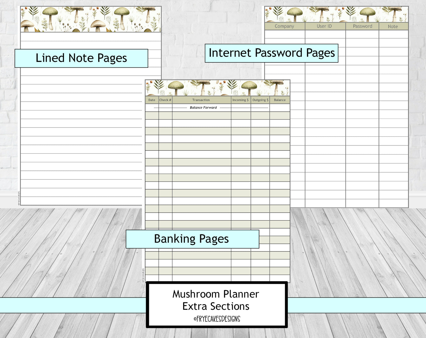 Large or Medium Size Yearly Planner - Green Mushrooms Design