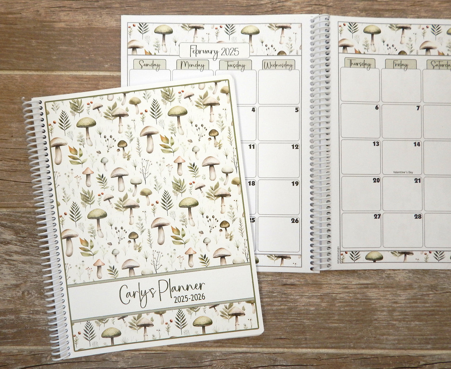 Large or Medium Size Yearly Planner - Green Mushrooms Design