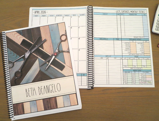 STYLIST TOOLS ON WOOD DESIGN - 12 Month Dated Appointment Book With Business Organizer/Planner + UPGRADE OPTIONS