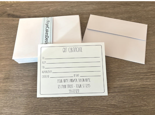 Personalized Gift Certificates - SIMPLY SIMPLE DESIGN - with Envelopes and Optional Sales Tracker