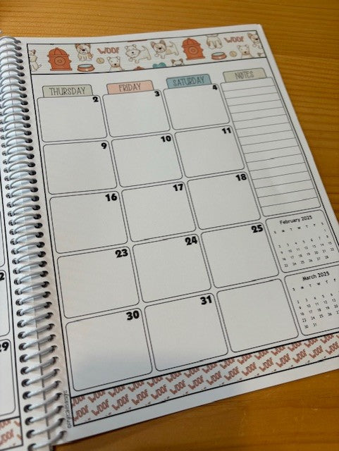 2025-2026 Pet Sitter Planner & Organizer with Pet and Owner Info Pages.  Large or Medium.  ORANGE & TAN PUPS DESIGN
