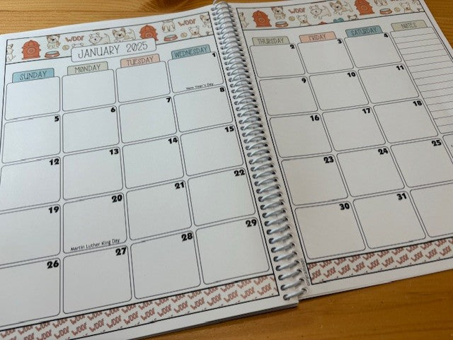 2025-2026 Pet Sitter Planner & Organizer with Pet and Owner Info Pages.  Large or Medium.  ORANGE & TAN PUPS DESIGN