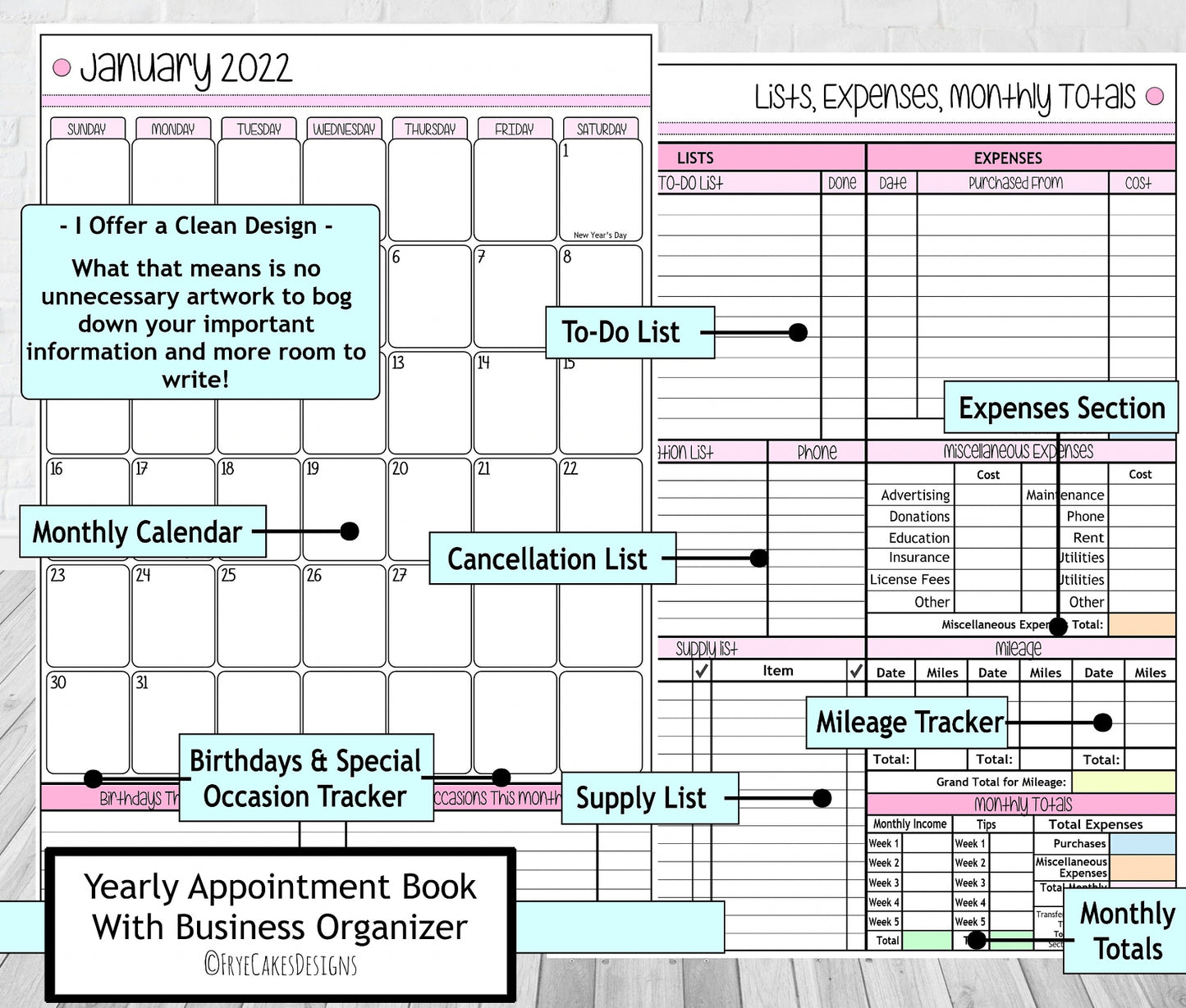 LOTS OF LASHES - PINK DESIGN - 12 Month Dated Appointment Book With Business Organizer/Planner + UPGRADE OPTIONS