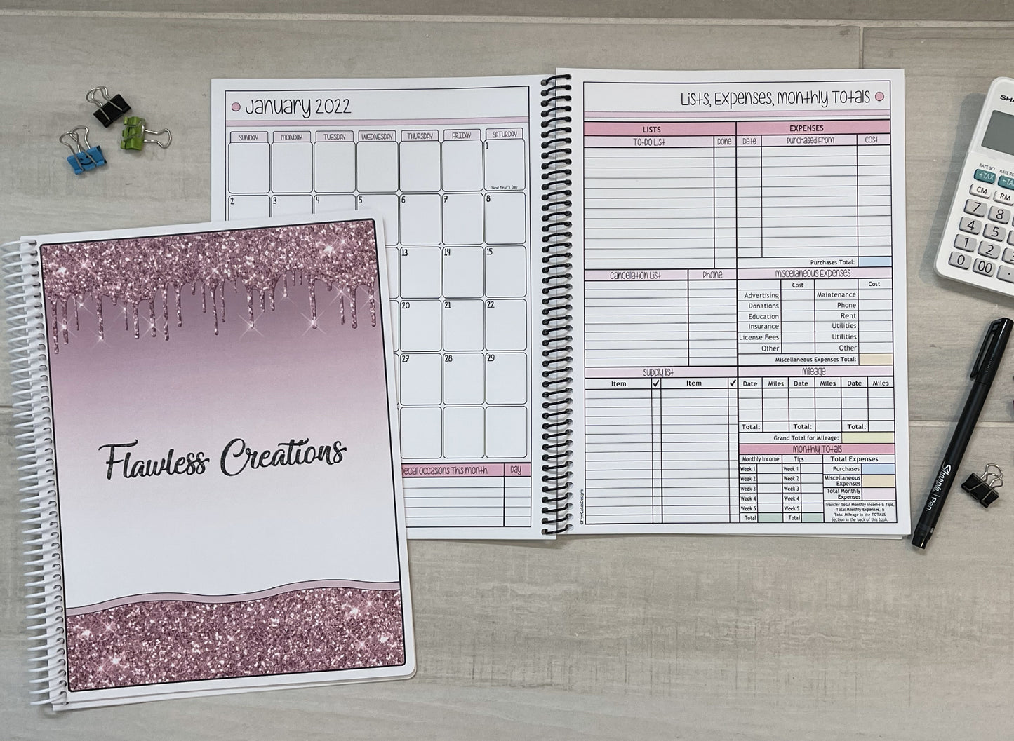 PINK GLITTER DESIGN - 12 Month Dated Appointment Book With Business Organizer/Planner + UPGRADE OPTIONS