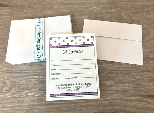 Personalized Gift Certificates - PURPLE GLITTER DESIGN - with Envelopes and Optional Sales Tracker
