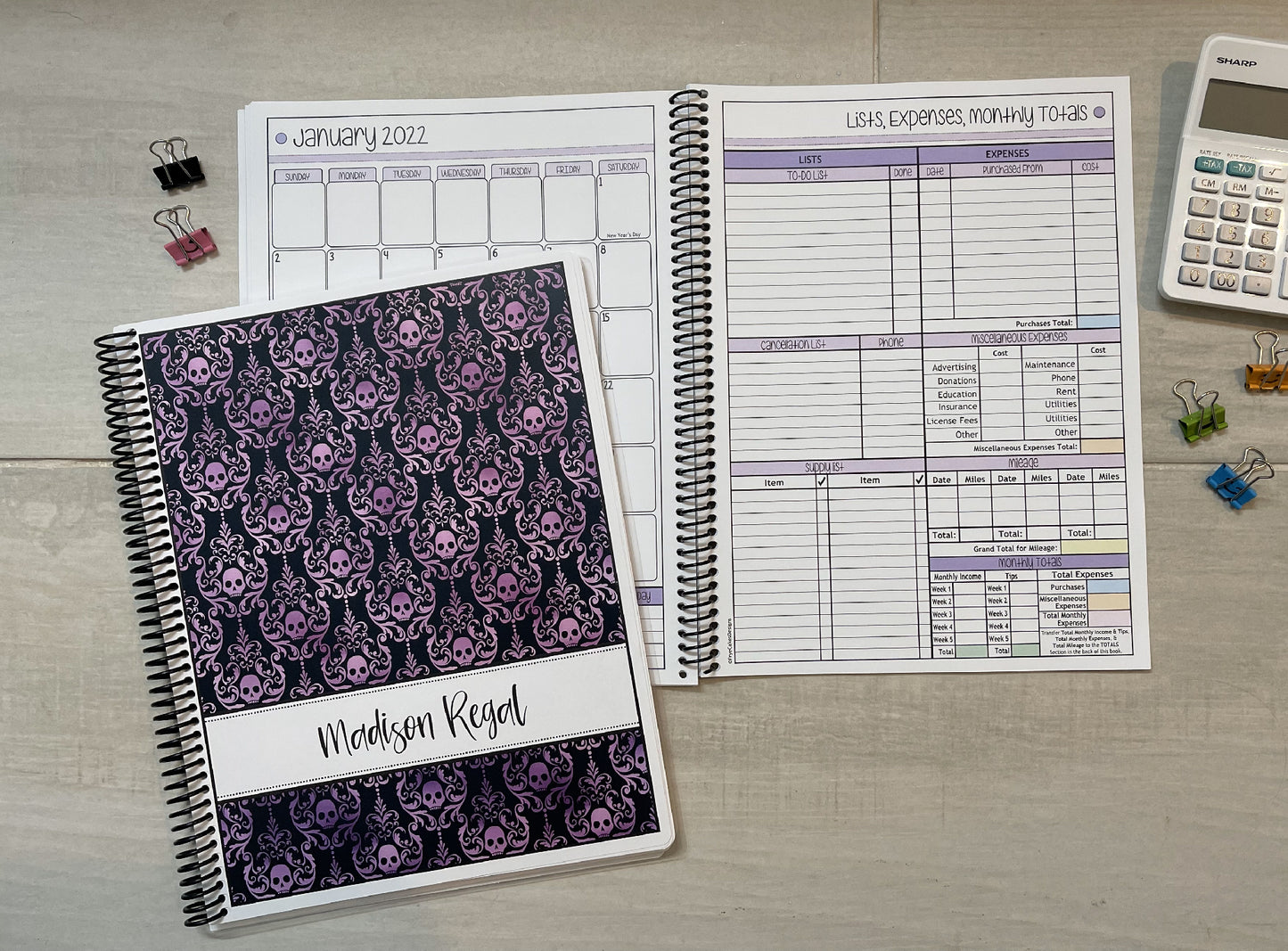 GOTHIC SKULLS DESIGN - 4 COLORS - 12 Month Dated Appointment Book With Business Organizer/Planner + UPGRADE OPTIONS