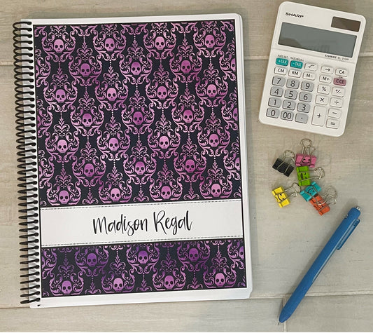 GOTHIC SKULLS DESIGN - CHOOSE FROM 4 COLORS - Standard 12 Month Appointment Book - Start Any Month - 3 Sizes with Optional Income & Expenses Tracking