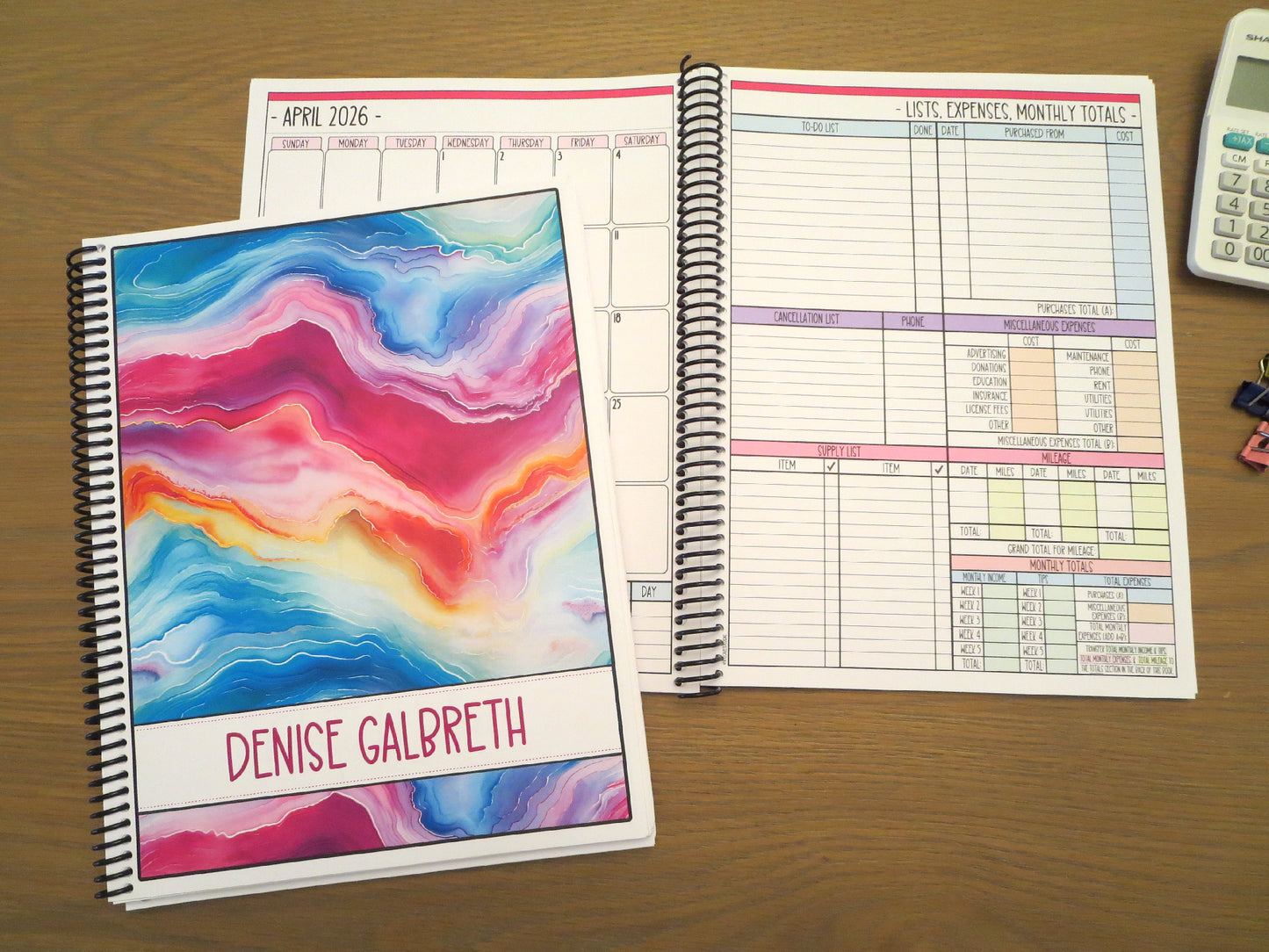 RAINBOW SWIRL DESIGN - 12 Month Dated Appointment Book With Business Organizer/Planner + UPGRADE OPTIONS