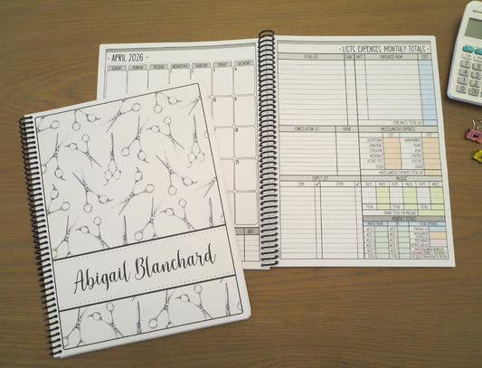 STYLIST SCISSORS DESIGN - 12 Month Dated Appointment Book With Business Organizer/Planner + UPGRADE OPTIONS