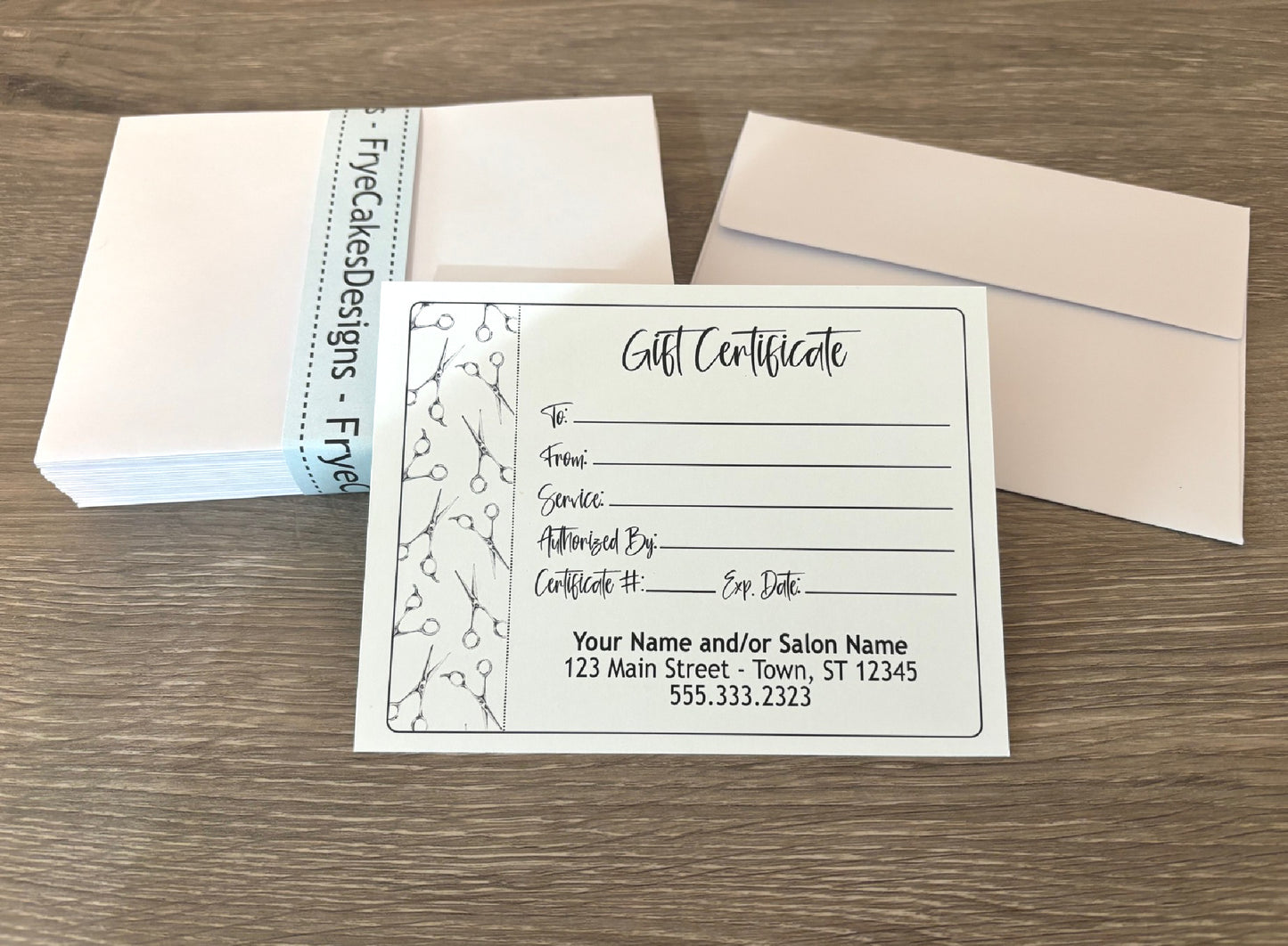 Personalized Gift Certificates - STYLIST SCISSORS DESIGN - with Envelopes and Optional Sales Tracker