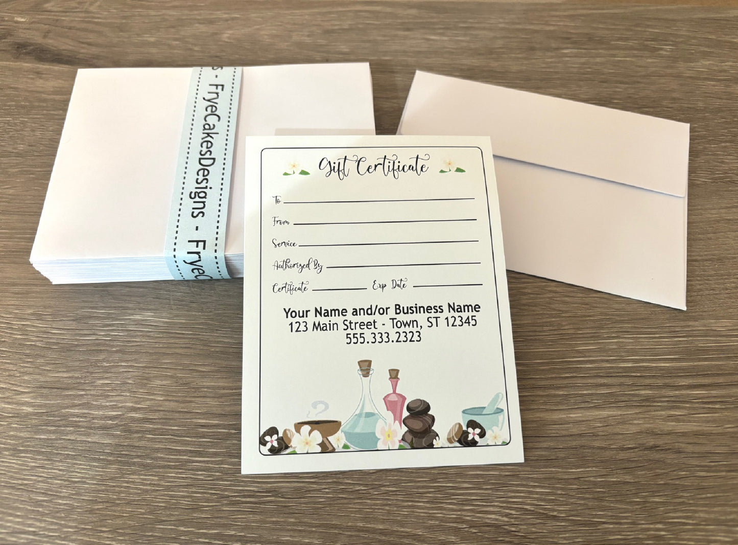 Personalized Gift Certificates - SPA/MASSAGE DESIGN - with Envelopes and Optional Sales Tracker