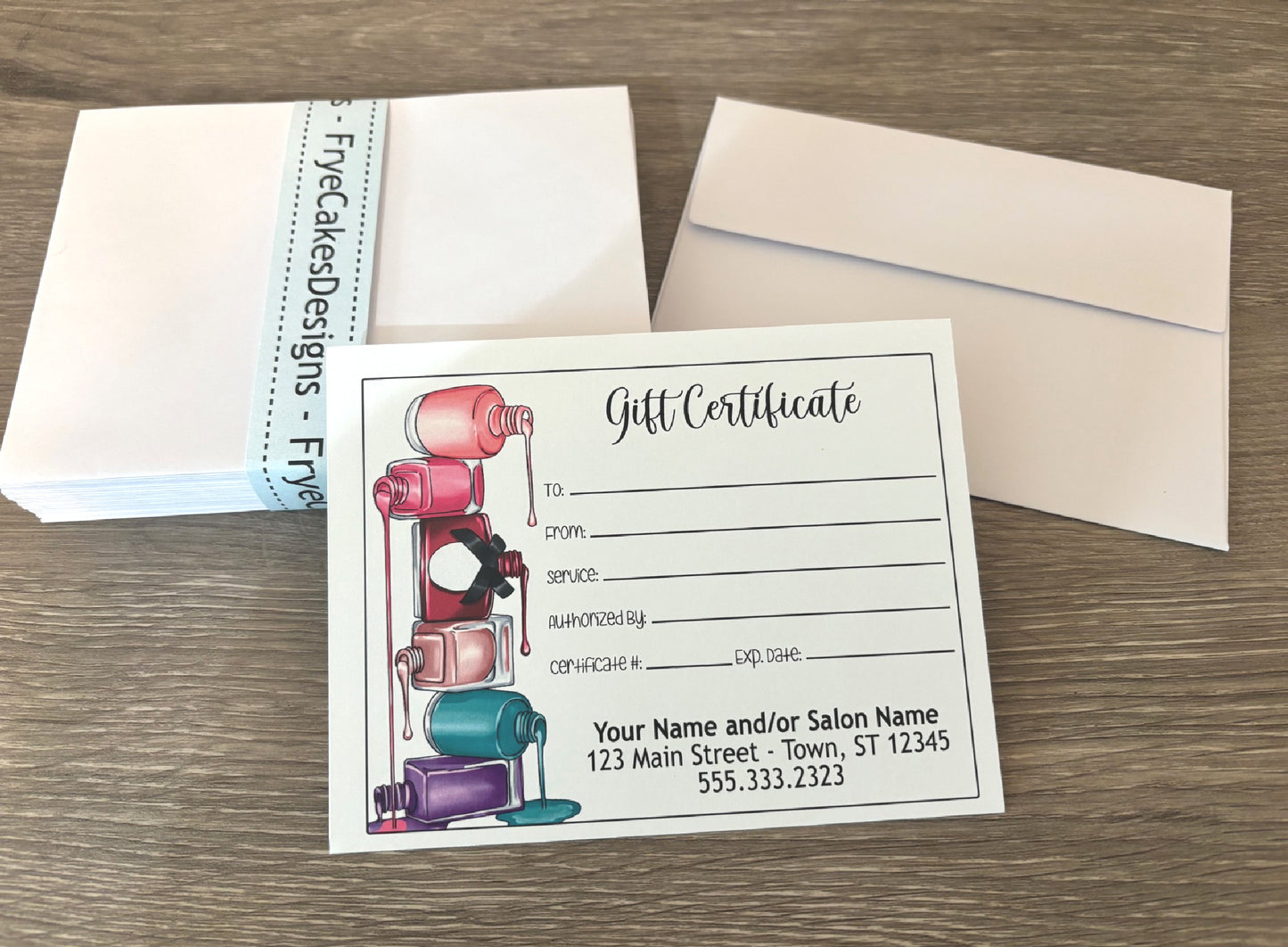 Personalized Gift Certificates - STACKED POLISHES DESIGN - with Envelopes and Optional Sales Tracker