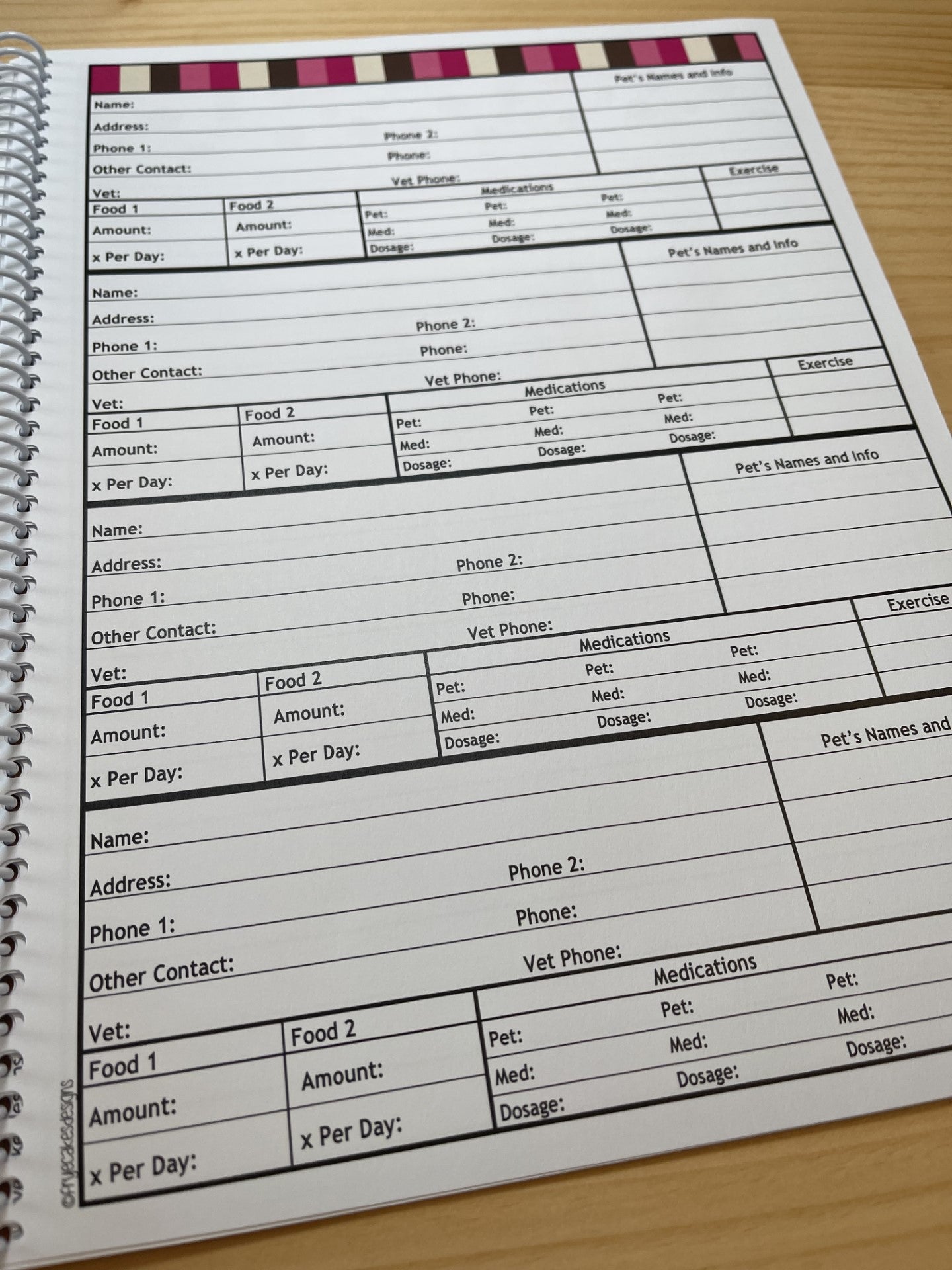 2025-2026 Pet Sitter Planner & Organizer with Pet and Owner Info Pages.  Large or Medium.  PINK BOWLS & BOWS DESIGN