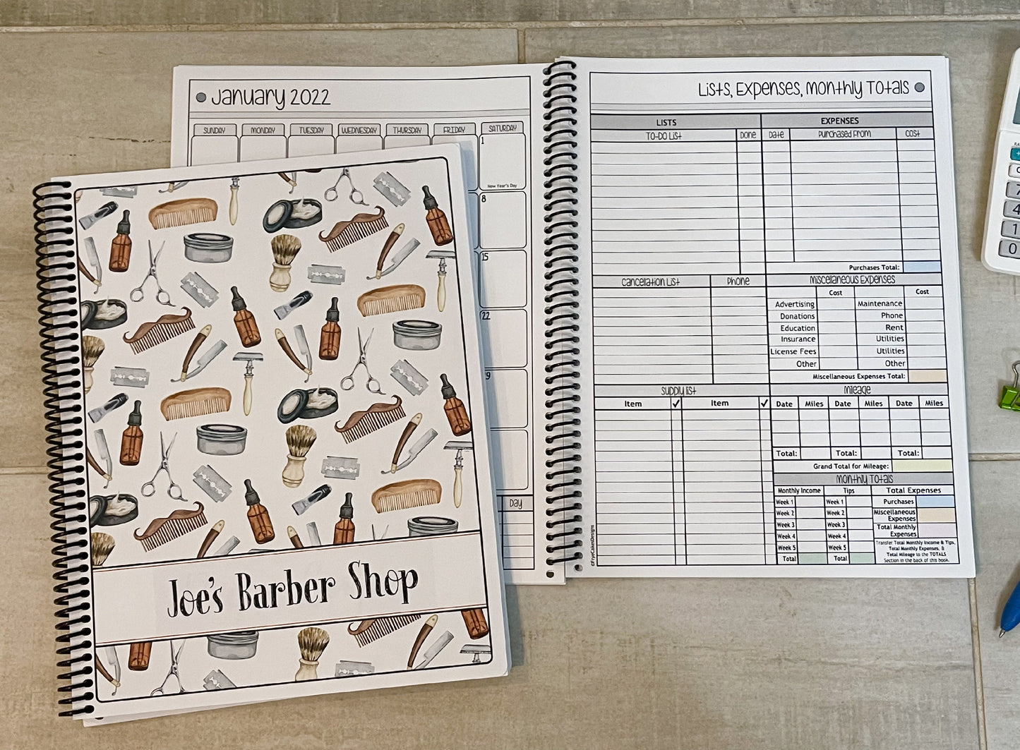 WATERCOLOR BARBER TOOLS DESIGN - 12 Month Dated Appointment Book With Business Organizer/Planner + UPGRADE OPTIONS